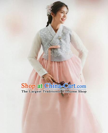 Korean Traditional Hanbok Wedding Bride Grey Blouse and Pink Dress Outfits Asian Korea Fashion Costume for Women