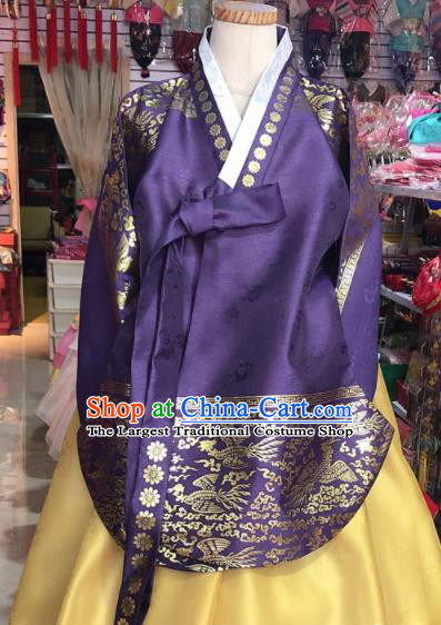 Korean Traditional Hanbok Court Mother Purple Tang Blouse and Yellow Satin Dress Outfits Asian Korea Fashion Costume for Women