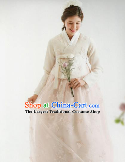 Korean Traditional Hanbok Wedding Bride Beige Blouse and Pink Veil Dress Outfits Asian Korea Fashion Costume for Women