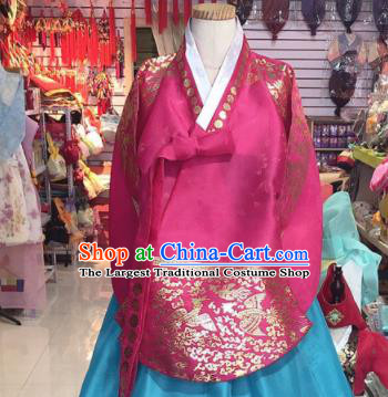 Korean Traditional Hanbok Court Mother Rosy Tang Blouse and Blue Satin Dress Outfits Asian Korea Fashion Costume for Women
