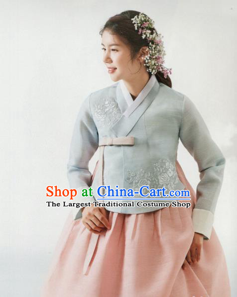 Korean Traditional Hanbok Wedding Bride Blue Blouse and Pink Dress Outfits Asian Korea Fashion Costume for Women
