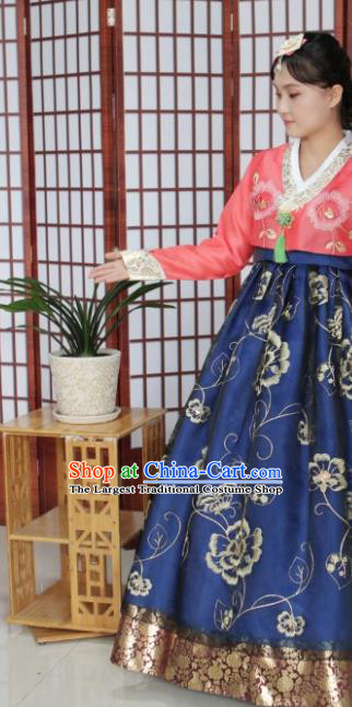 Korean Traditional Hanbok Bride Rosy Blouse and Royalblue Dress Outfits Asian Korea Wedding Fashion Costume for Women