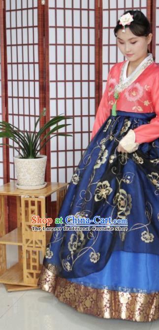 Korean Traditional Hanbok Bride Rosy Blouse and Royalblue Dress Outfits Asian Korea Wedding Fashion Costume for Women