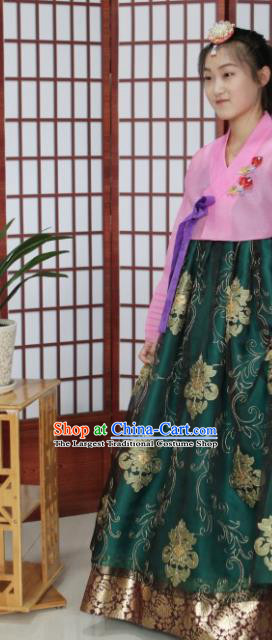 Korean Traditional Hanbok Bride Pink Blouse and Green Dress Outfits Asian Korea Wedding Fashion Costume for Women
