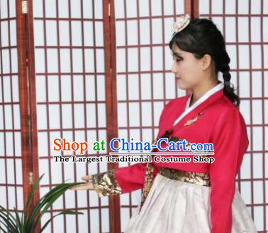 Korean Traditional Hanbok Bride Red Blouse and Beige Dress Outfits Asian Korea Wedding Fashion Costume for Women