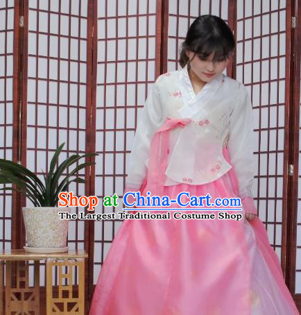 Korean Traditional Hanbok White Blouse and Pink Dress Outfits Asian Korea Wedding Fashion Costume for Women