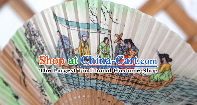Korean Traditional Wood Folding Fan Asian Korea Folk Printing Boat Paper Fans for Women