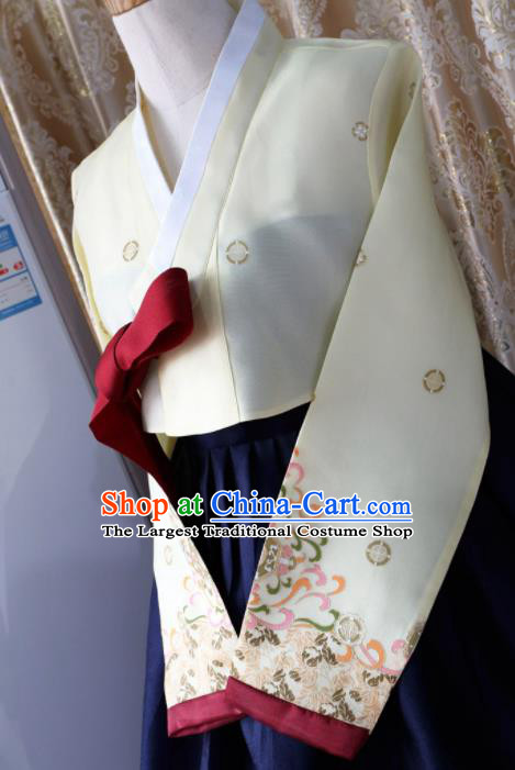 Korean Traditional Garment Hanbok Yellow Blouse and Navy Dress Outfits Asian Korea Fashion Costume for Women