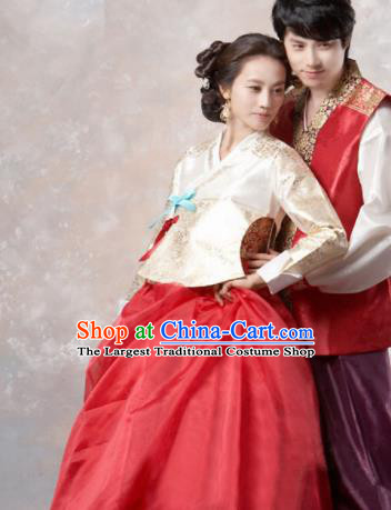 Korean Traditional Garment Court Hanbok Beige Blouse and Red Dress Outfits Asian Korea Fashion Costume for Women