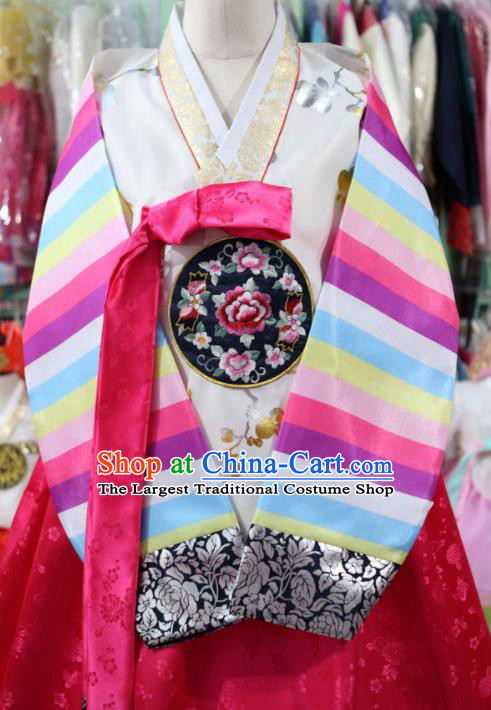 Korean Traditional Bride Garment Hanbok Embroidered White Blouse and Rosy Dress Outfits Asian Korea Fashion Costume for Women