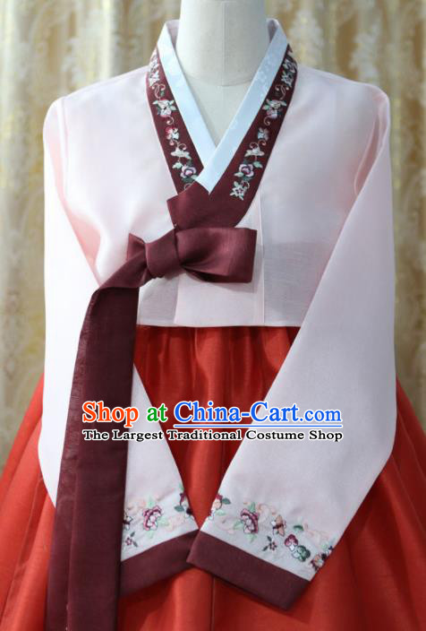 Korean Traditional Bride Garment Hanbok Embroidered Light Pink Blouse and Red Dress Outfits Asian Korea Fashion Costume for Women