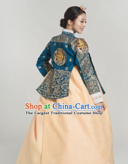 Korean Traditional Bride Garment Hanbok Blue Satin Blouse and Yellow Dress Outfits Asian Korea Fashion Costume for Women