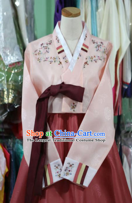 Korean Traditional Bride Garment Hanbok Embroidered Pink Blouse and Dark Red Dress Outfits Asian Korea Fashion Costume for Women