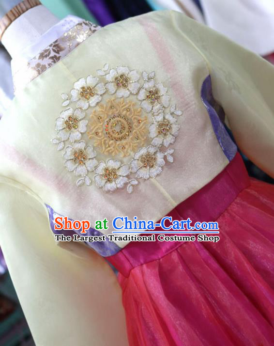 Korean Traditional Bride Garment Hanbok Embroidered Yellow Blouse and Rosy Dress Outfits Asian Korea Fashion Costume for Women