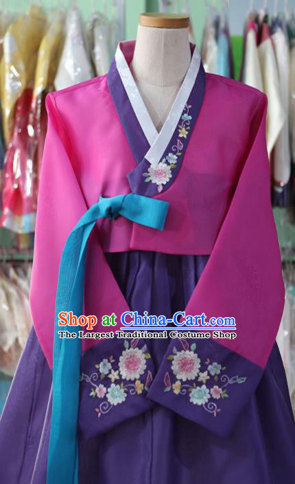 Korean Traditional Garment Bride Mother Hanbok Embroidered Rosy Blouse and Purple Dress Outfits Asian Korea Fashion Costume for Women