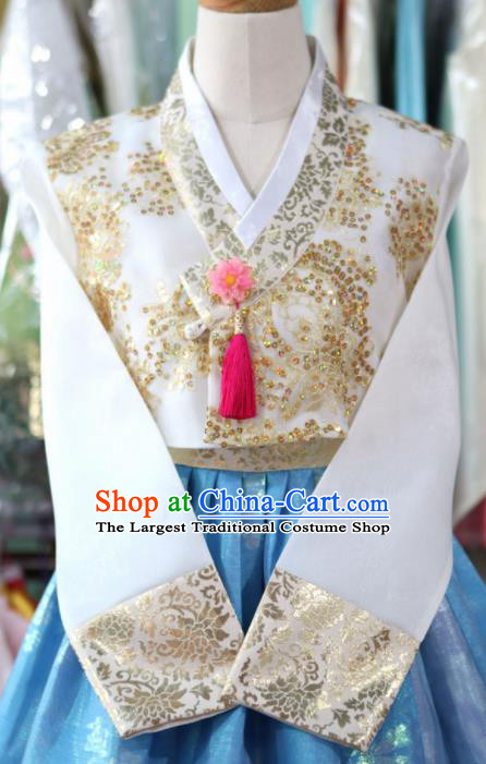 Korean Traditional Garment Bride Mother Hanbok White Blouse and Blue Dress Outfits Asian Korea Fashion Costume for Women