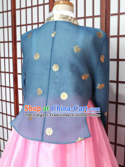Korean Traditional Hanbok Blue Blouse and Pink Dress Outfits Asian Korea Fashion Costume for Women