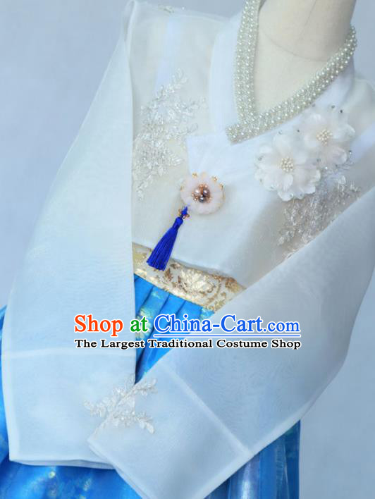Korean Traditional Garment Bride Hanbok Embroidered White Blouse and Blue Dress Asian Korea Fashion Costume for Women