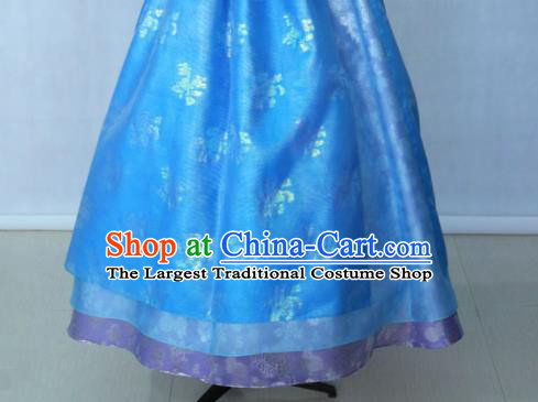Korean Traditional Garment Bride Hanbok Embroidered White Blouse and Blue Dress Asian Korea Fashion Costume for Women