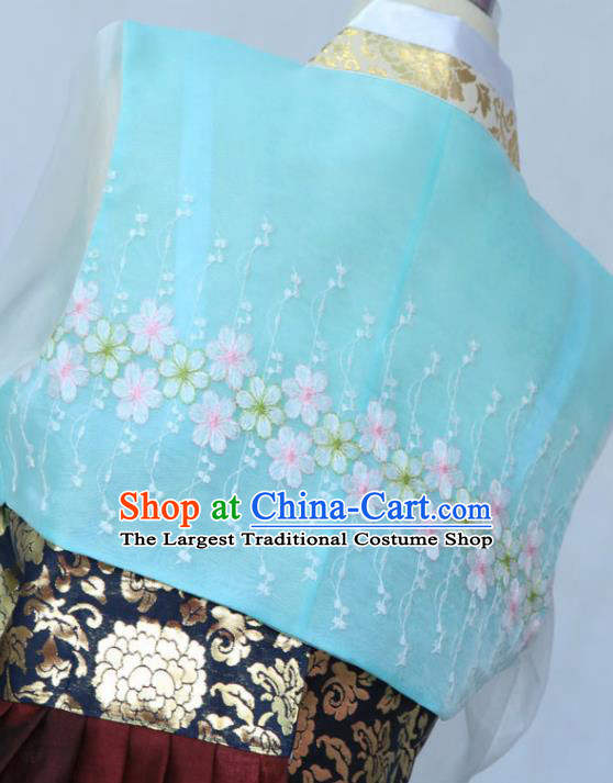Korean Traditional Garment Blue Blouse and Purplish Red Dress Bride Hanbok Asian Korea Fashion Costume for Women
