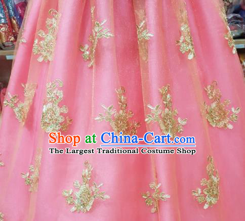 Korean Traditional Hanbok Garment Blue Blouse and Pink Dress Asian Korea Fashion Costume for Women