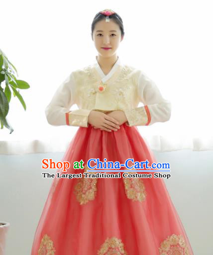 Korean Traditional Hanbok Garment Beige Blouse and Red Dress Asian Korea Fashion Costume for Women