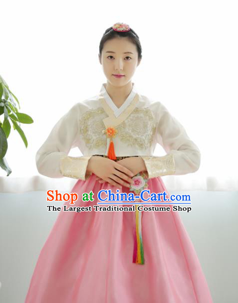 Korean Traditional Hanbok Garment Embroidered White Blouse and Pink Dress Asian Korea Fashion Costume for Women