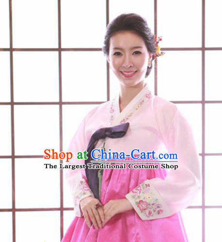 Korean Traditional Mother Hanbok Garment Light Pink Satin Blouse and Dress Asian Korea Fashion Costume for Women