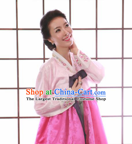 Korean Traditional Mother Hanbok Garment Light Pink Satin Blouse and Dress Asian Korea Fashion Costume for Women