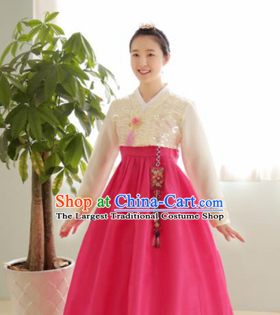 Korean Traditional Court Hanbok Garment Beige Blouse and Rosy Dress Asian Korea Fashion Costume for Women