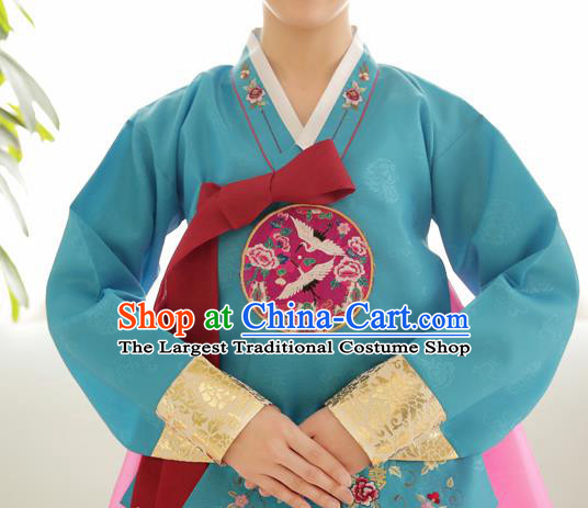 Korean Traditional Court Hanbok Garment Embroidered Blue Blouse Asian Korea Fashion Costume for Women