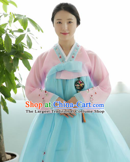 Korean Traditional Court Hanbok Garment Pink Blouse and Blue Dress Asian Korea Fashion Costume for Women