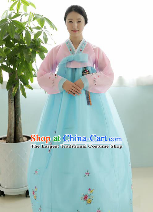 Korean Traditional Court Hanbok Garment Pink Blouse and Blue Dress Asian Korea Fashion Costume for Women