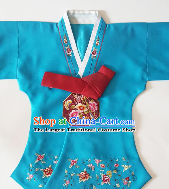 Korean Traditional Court Hanbok Garment Embroidered Lake Blue Blouse Asian Korea Fashion Costume for Women