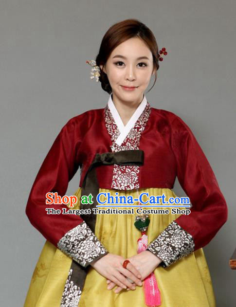 Korean Traditional Bride Mother Hanbok Garment Purplish Red Satin Blouse and Yellow Dress Asian Korea Fashion Costume for Women