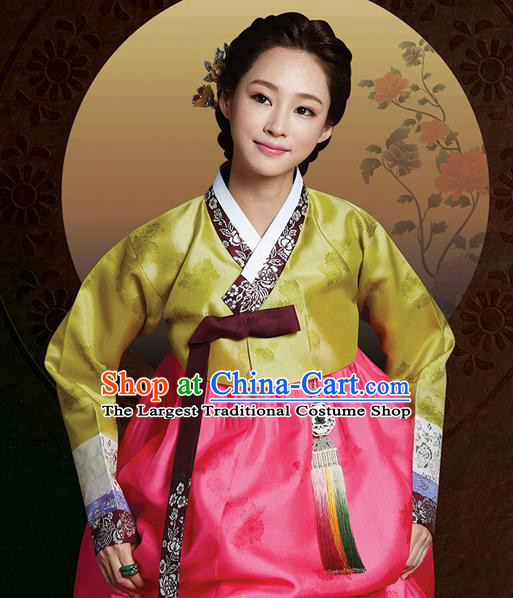 Korean Traditional Bride Mother Hanbok Garment Ginger Satin Blouse and Pink Dress Asian Korea Fashion Costume for Women