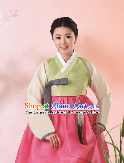 Korean Traditional Bride Mother Hanbok Garment Green Satin Blouse and Pink Dress Asian Korea Fashion Costume for Women