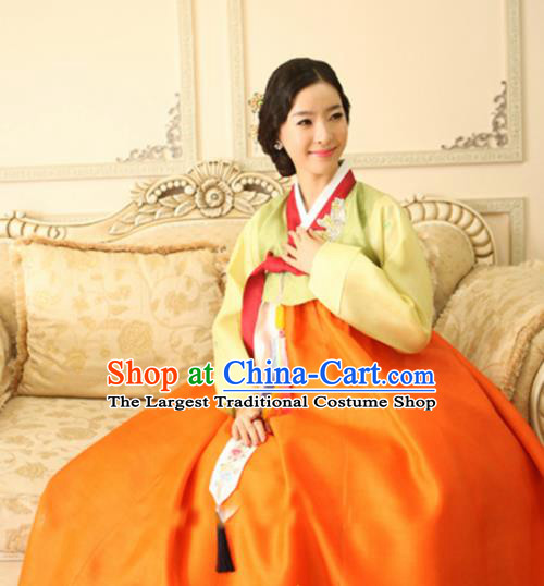 Korean Traditional Bride Mother Hanbok Garment Green Satin Blouse and Orange Dress Asian Korea Fashion Costume for Women