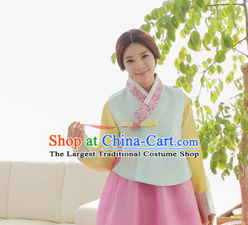 Korean Traditional Hanbok Garment Light Blue Blouse and Pink Dress Asian Korea Fashion Costume for Women