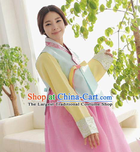 Korean Traditional Hanbok Garment Light Blue Blouse and Pink Dress Asian Korea Fashion Costume for Women