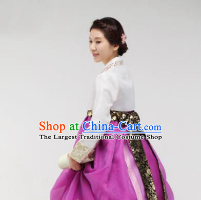 Korean Traditional Bride Mother Hanbok White Blouse and Purple Dress Garment Asian Korea Fashion Costume for Women
