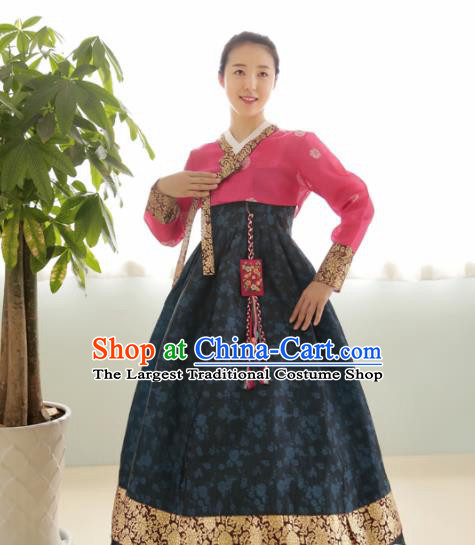 Korean Traditional Bride Hanbok Rosy Blouse and Navy Dress Garment Asian Korea Fashion Costume for Women