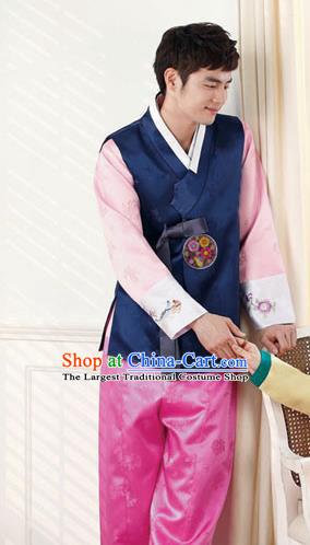 Korean Traditional Navy Vest and Pants Hanbok Asian Korea Bridegroom Fashion Costume for Men