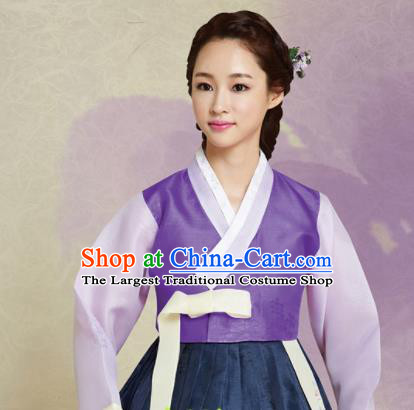 Korean Traditional Bride Mother Hanbok Purple Blouse and Navy Dress Garment Asian Korea Fashion Costume for Women