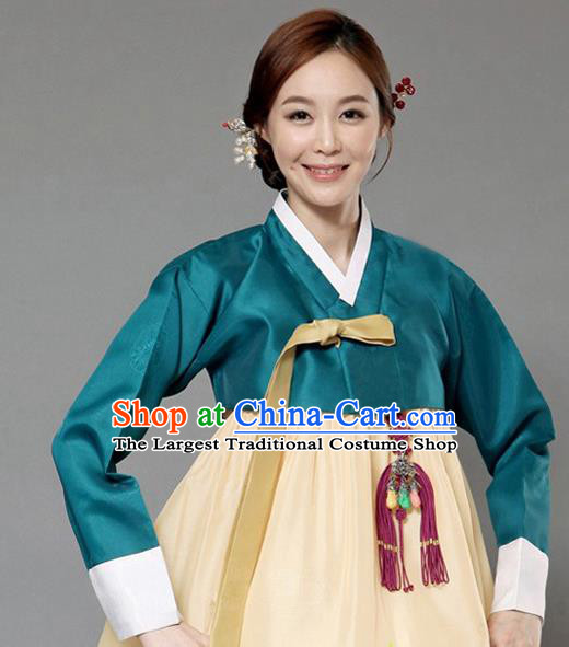 Korean Traditional Bride Hanbok Deep Green Blouse and Yellow Dress Garment Asian Korea Fashion Costume for Women