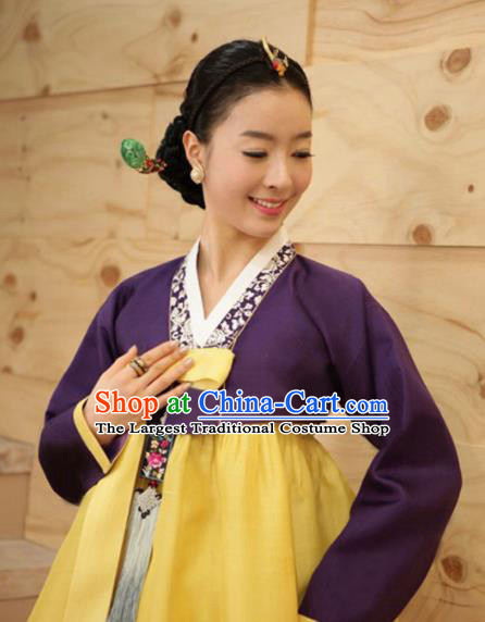 Korean Traditional Hanbok Garment Purple Blouse and Yellow Dress Asian Korea Fashion Costume for Women