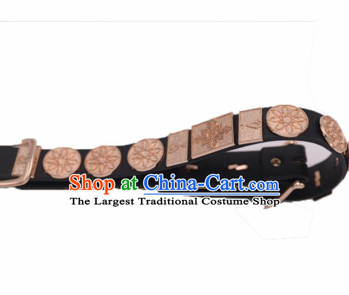 Chinese Traditional Ming Dynasty Swordsman Black Leather Belts Ancient Imperial Bodyguard Waistband for Men