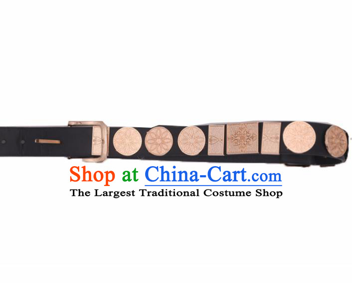 Chinese Traditional Ming Dynasty Swordsman Black Leather Belts Ancient Imperial Bodyguard Waistband for Men
