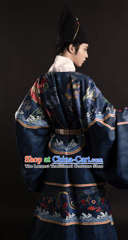 Chinese Traditional Ming Dynasty Swordsman Navy Embroidered Robe Ancient Imperial Bodyguard Costumes for Men