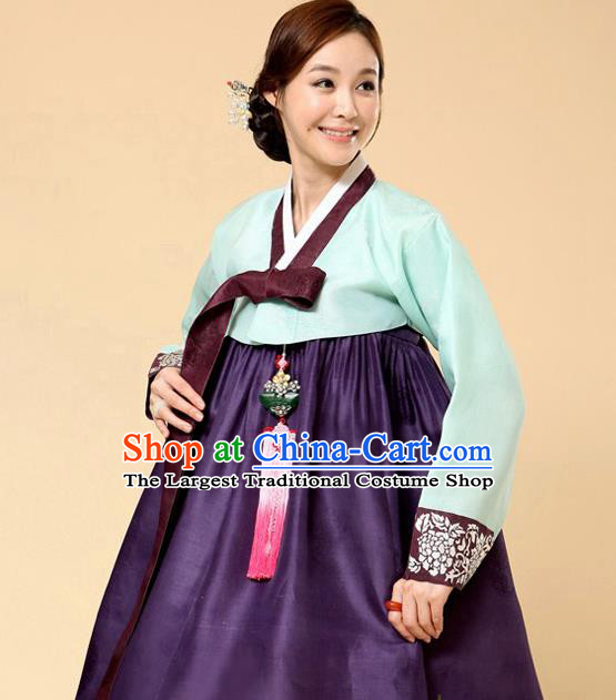 Korean Traditional Bride Court Hanbok Light Blue Satin Blouse and Purple Dress Garment Asian Korea Fashion Costume for Women